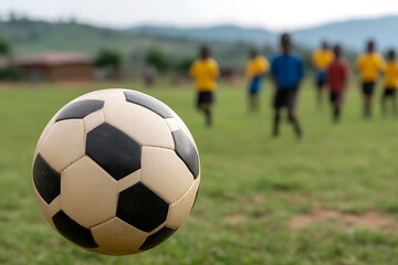 A soccer ball hovers in the foreground with children playing a game of soccer in the background. The soccer field is green and slightly muddy.