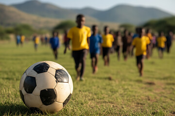 Soccer ball on the field with children playing in the background, creating a vibrant scene of sport and community engagement.
