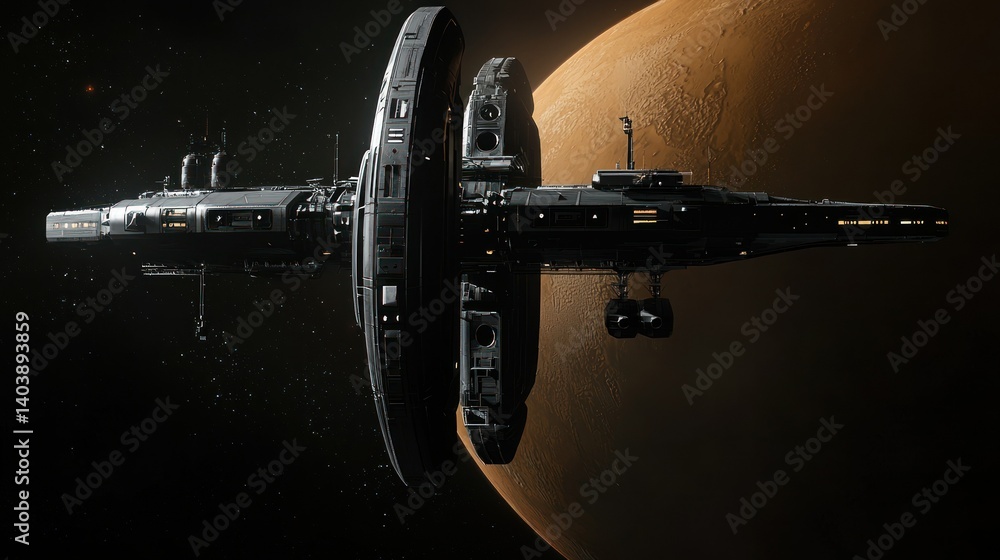 Poster futuristic space station orbiting a large planet in the universe