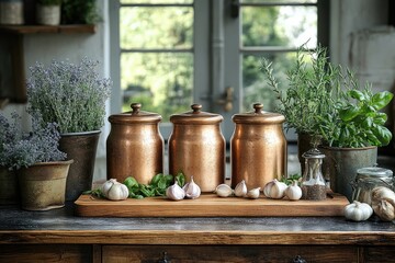 Obraz premium Rustic Kitchen Still Life with Copper Jars, Garlic, and Herbs