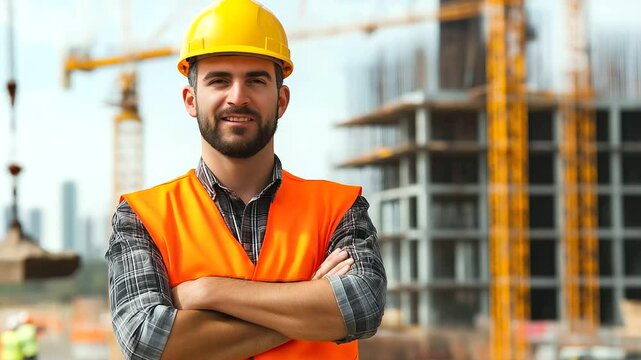 A strong, confident construction worker wearing an orange high-visibility vest and a yellow safety helmet, smiling at the camera. Behind him, a bustling construction site with cran
