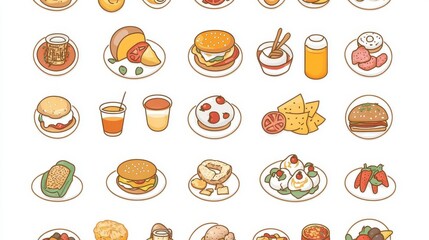 Creative Food Icons Featuring Various Cuisines on a Clean White Background Including American, Italian, and Asian Dishes
