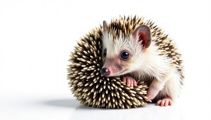 Obraz premium Tiny hedgehog, curled in a ball, white background, stock, macro