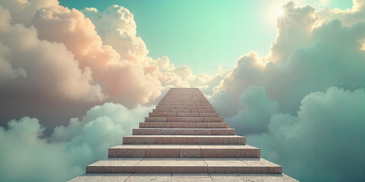 Surreal Staircase in the Clouds Leading to the Sky