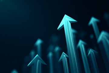 Teal 3D arrows pointing upward against a dark background, symbolizing growth, progress, and success in business or finance