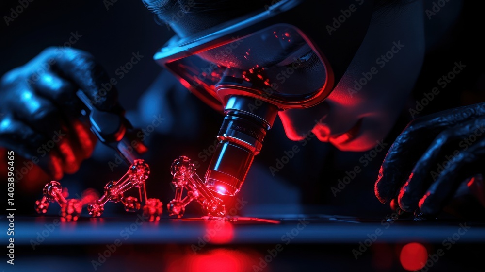 Poster a person examines a molecular structure using a laboratory microscope