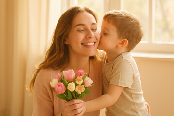 Maman embrassée sur la joue par son petit garçon pour la fête des mères, bouquet de fleurs à la main, scènes lumineuses pleines d’amour dans un intérieur chaleureux