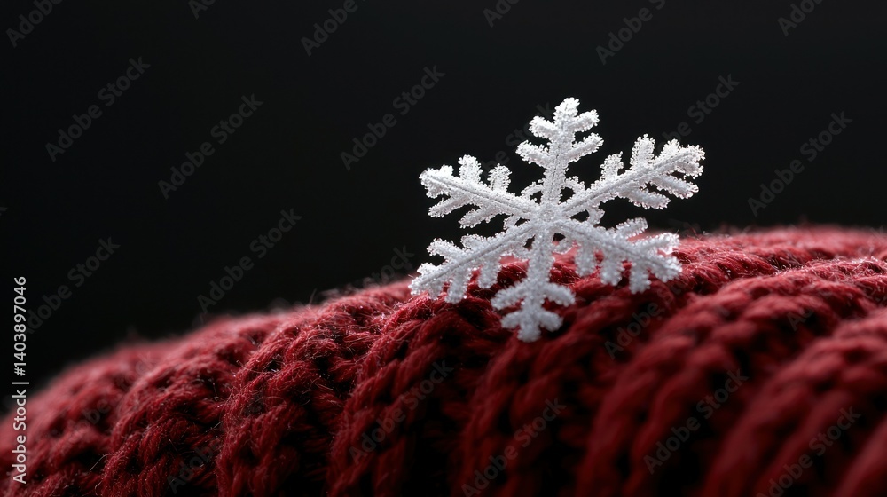 Poster a snowflake rests on a red knitted textured fabric surface