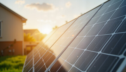 Solar panels capturing sunlight in suburban backyard, energy sustainability