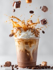 Iced Coffee Splash with Whipped Cream, Caramel, and Chocolate Toppings