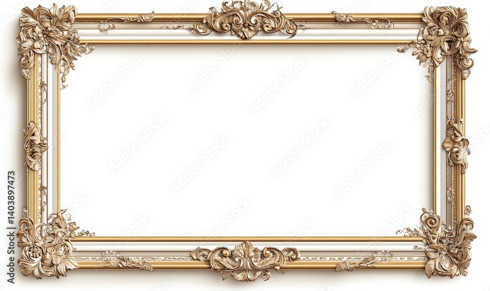 Poster rectangle subtle gold frame for web presentation, horizontal border in oriental style, with white ba