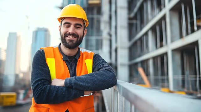 A construction foreman in high-visibility workwear, standing in front of a towering structure under development. His warm smile and determined gaze convey expertise and leadership.