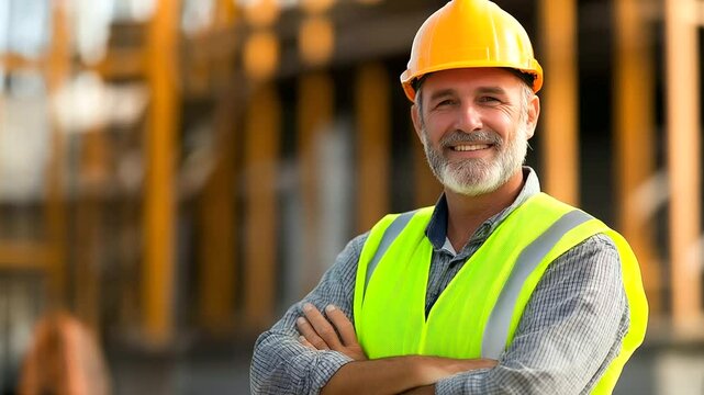 A construction foreman in high-visibility workwear, standing in front of a towering structure under development. His warm smile and determined gaze convey expertise and leadership.