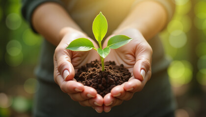 Hands cradling a seedling in a forest, nurturing growth symbolization