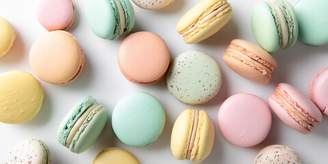 Obraz premium Pastel-colored macarons arranged on white background, showcasing variety of colors and textures, representing delicacy, sweetness, and French pastry artistry