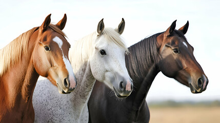 Fototapeta premium Three Horses in a Field: A Portrait of Brown, White and Red Equines
