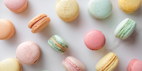 Obraz premium Pastel-colored macarons arranged on a white background, showcasing a variety of delicate colors and textures, representing sweetness, elegance, and French pastry artistry