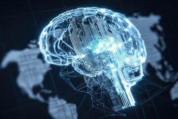 Futuristic digital brain with circuitry against world map background.