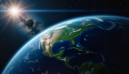 Obraz premium Vibrant Earth rotating in deep space with distant stars, cosmic beauty