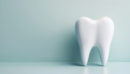 3d tooth on light blue background. Dental medical concept. Space for text. Dentistry, clinic background.
