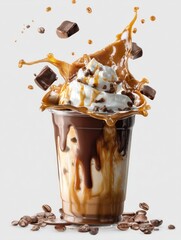 Iced Coffee Splash with Caramel Topping and Chocolate Pieces in Studio
