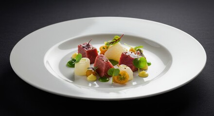 Tuna cubes and melon balls served on a white plate against a dark background.