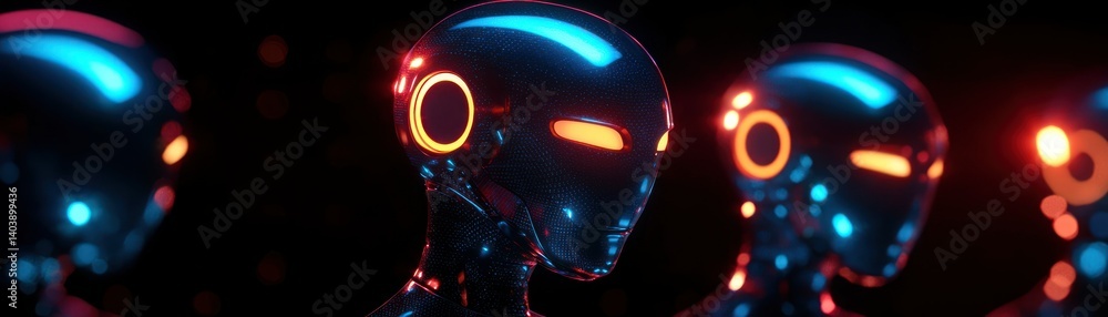 Poster four futuristic humanoid robots appear in a dark ambient environment