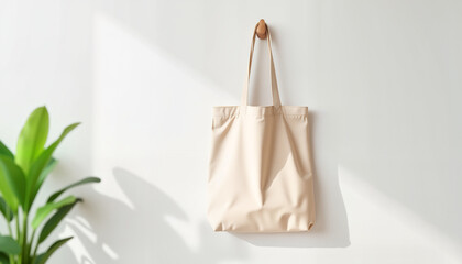 Minimalist eco bag hanging on wall in bright indoor setting, sustainability