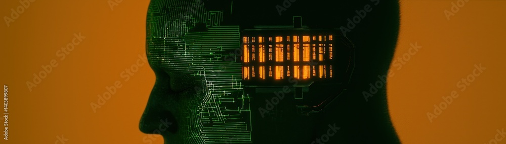 Poster a digital representation of a human head with circuit integration