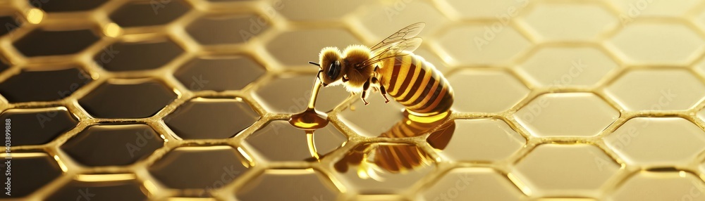 Poster a single honeybee enjoying fresh nectar on a golden honeycomb pattern