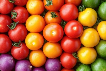 Close-up of Red, Yellow, and Green Tomatoes with Purple Onions