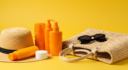 Summer Suncare Essentials: Sunscreen, Hat, Beach Bag