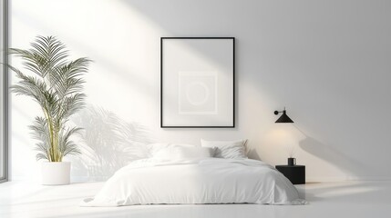 A modern bedroom with minimal decor and natural sunlight