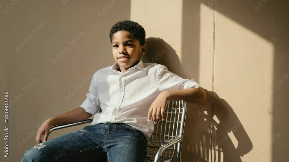 Poster a person sitting on a chair in front of a wall, often used as a background for portraits or intervie