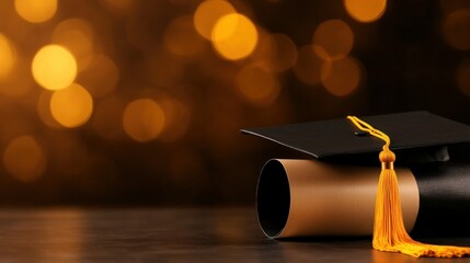 A Graduation Cap and Diploma Rest on Dark Surface