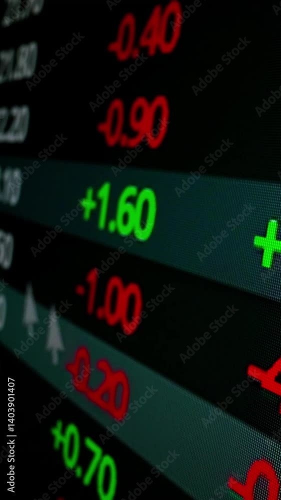 Poster closeup macro shot movement of stock exchange board, trader monitor led screen, analyzing data and t