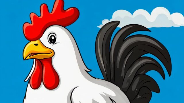 Cartoon style white chicken rooster with a red comb and black tail against a bright blue background with fluffy white clouds