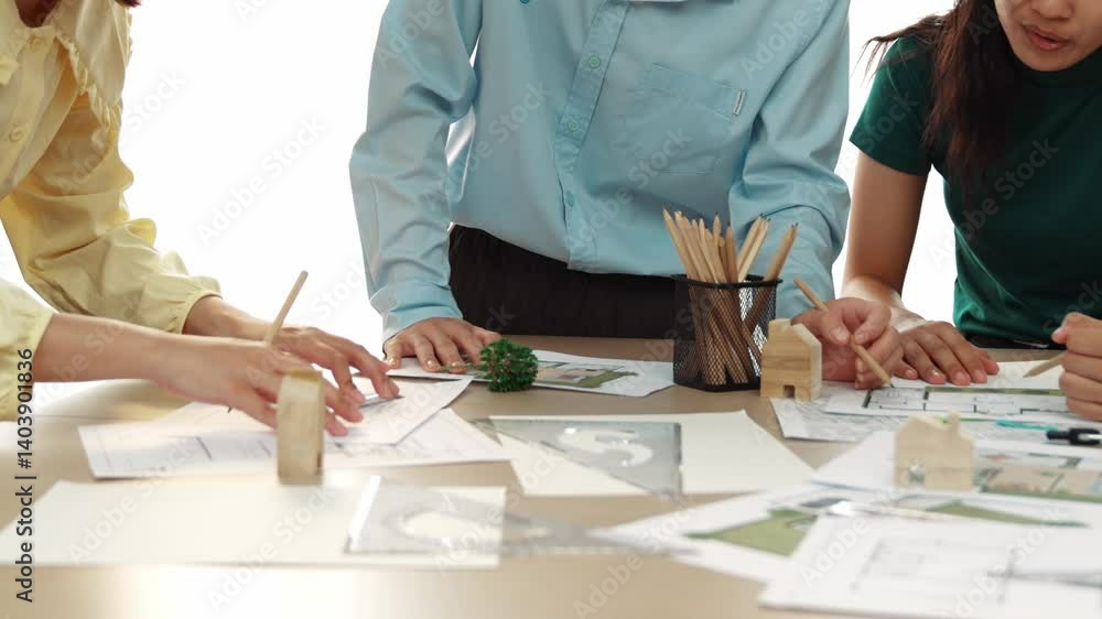 Poster a video of architect use measurement tools and pencil to measure blueprint. architect design house c