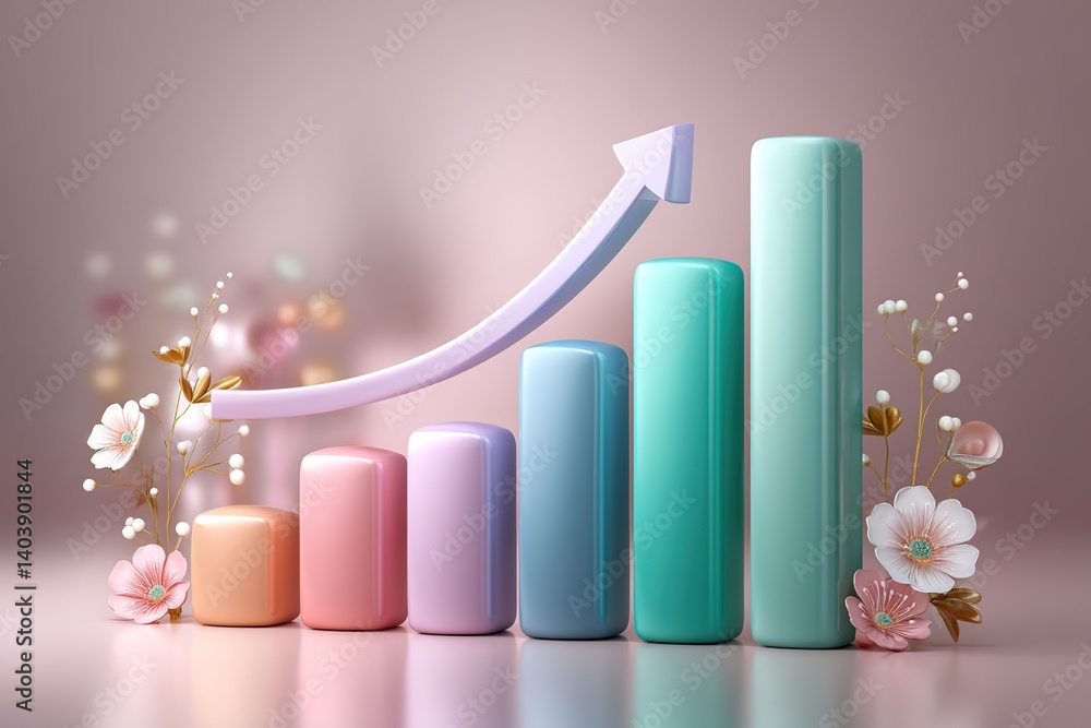 Poster bar graph with upward arrow and floral accents demonstrating growth in a modern setting