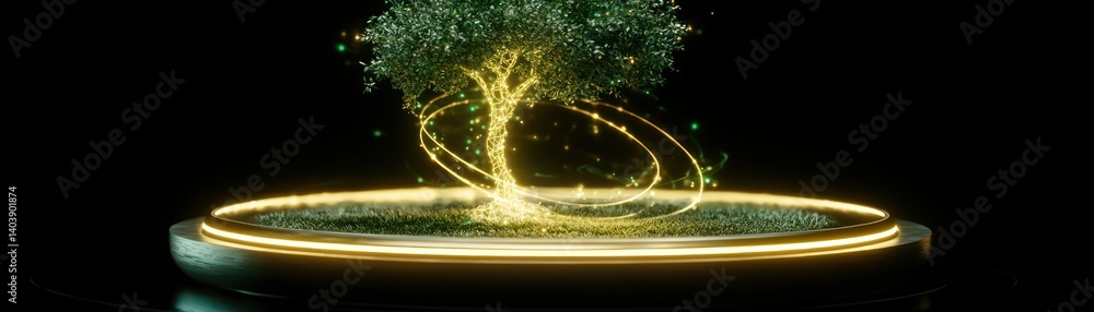 Poster glowing stylized tree on a platform in a dark background