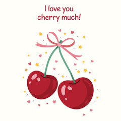 Cute cherries with pink ribbon and “I love you cherry much” text – romantic fruit pun illustration for Valentine’s Day cards, love messages, kawaii designs, and sweet greeting graphics