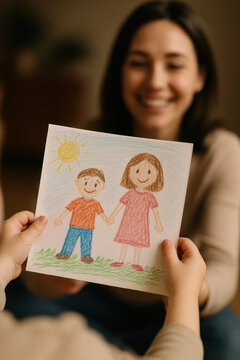 Dessins d&rsquo;enfants offerts &agrave; leur maman pour la f&ecirc;te des m&egrave;res, messages d&rsquo;amour na&iuml;fs et color&eacute;s sur papier, sc&egrave;nes pleines d&rsquo;&eacute;motion et de tendresse en int&eacute;rieur lumineux.