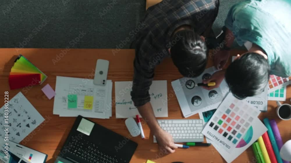 Aufkleber top down view of smart designer helping manager choosing color from colored palettes. aerial view of