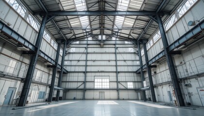 Spacious Industrial Warehouse Interior with High Ceilings and Abundant Natural Light