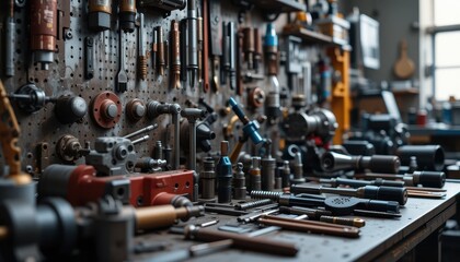 Fototapeta premium Detailed Workshop Display of Various Tools and Equipment for Craftsmanship and Repair Projects