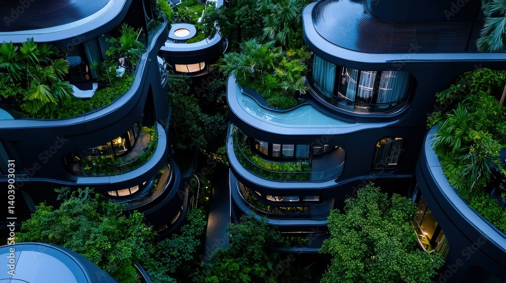 Poster modern architecture integrating natural elements amid a dense tree canopy