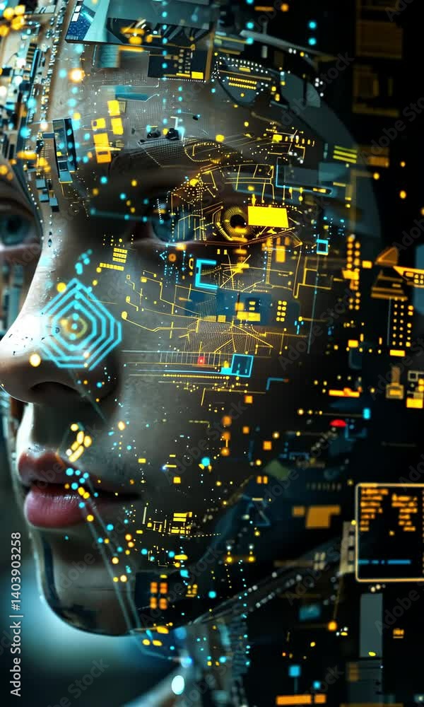 Poster Innovative digital art features a humanoid face with glowing circuit patterns designed using advanced graphic techniques