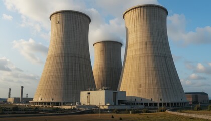 Cooling Towers of a Power Plant Under a Clear Blue Sky with Beautiful Sunlight