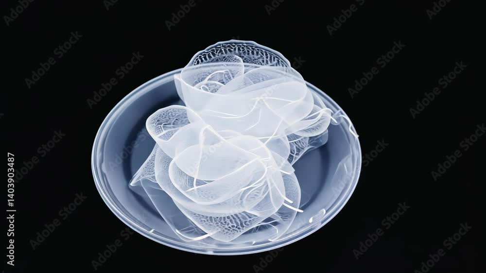 Poster abstract translucent organic form in a circular vessel against a dark backdrop. texture and light in