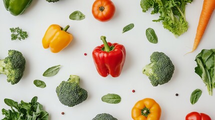 Fresh vegetables background healthy food concept broccoli peppers spinach carrot tomato parsley lettuce diet